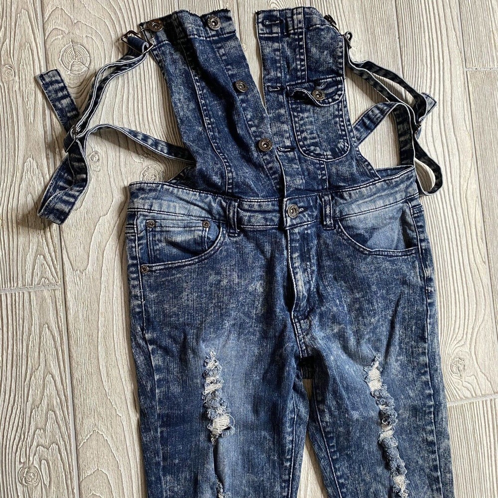 JCJQ Denim Skinny Overalls Womens L 30x30 Stonewash Stretch Torn Distressed
